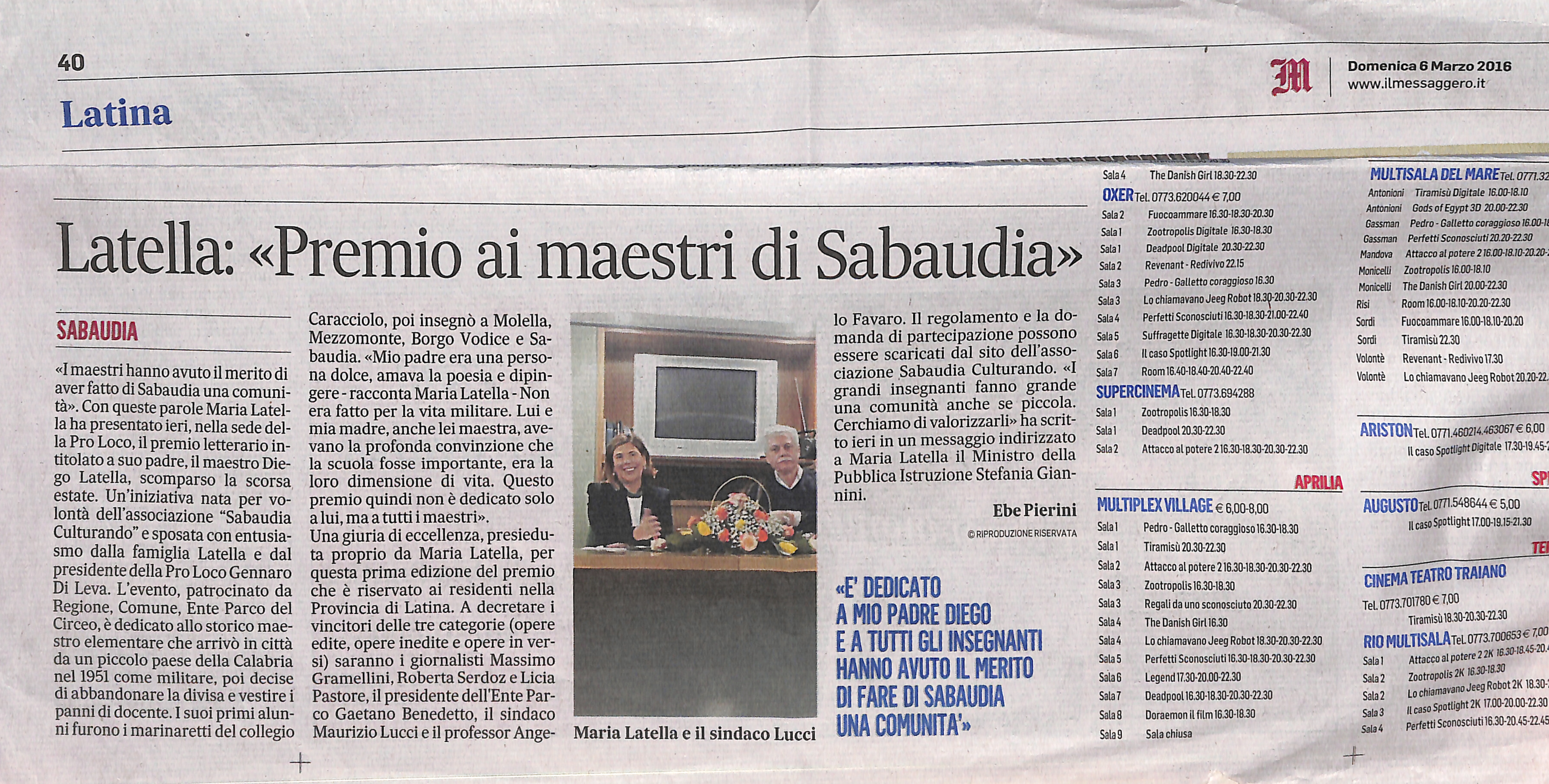 PREMIO LATELLA IL MESSAGGERO 6 MARZO 2016