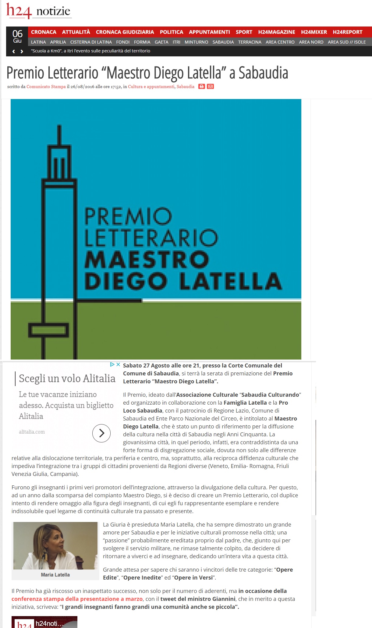 PREMIO LETTERARIO MAESTRO DIEGO LATELLA A SABAUDIA H24NOTIZIE 26 AGOSTO 2016