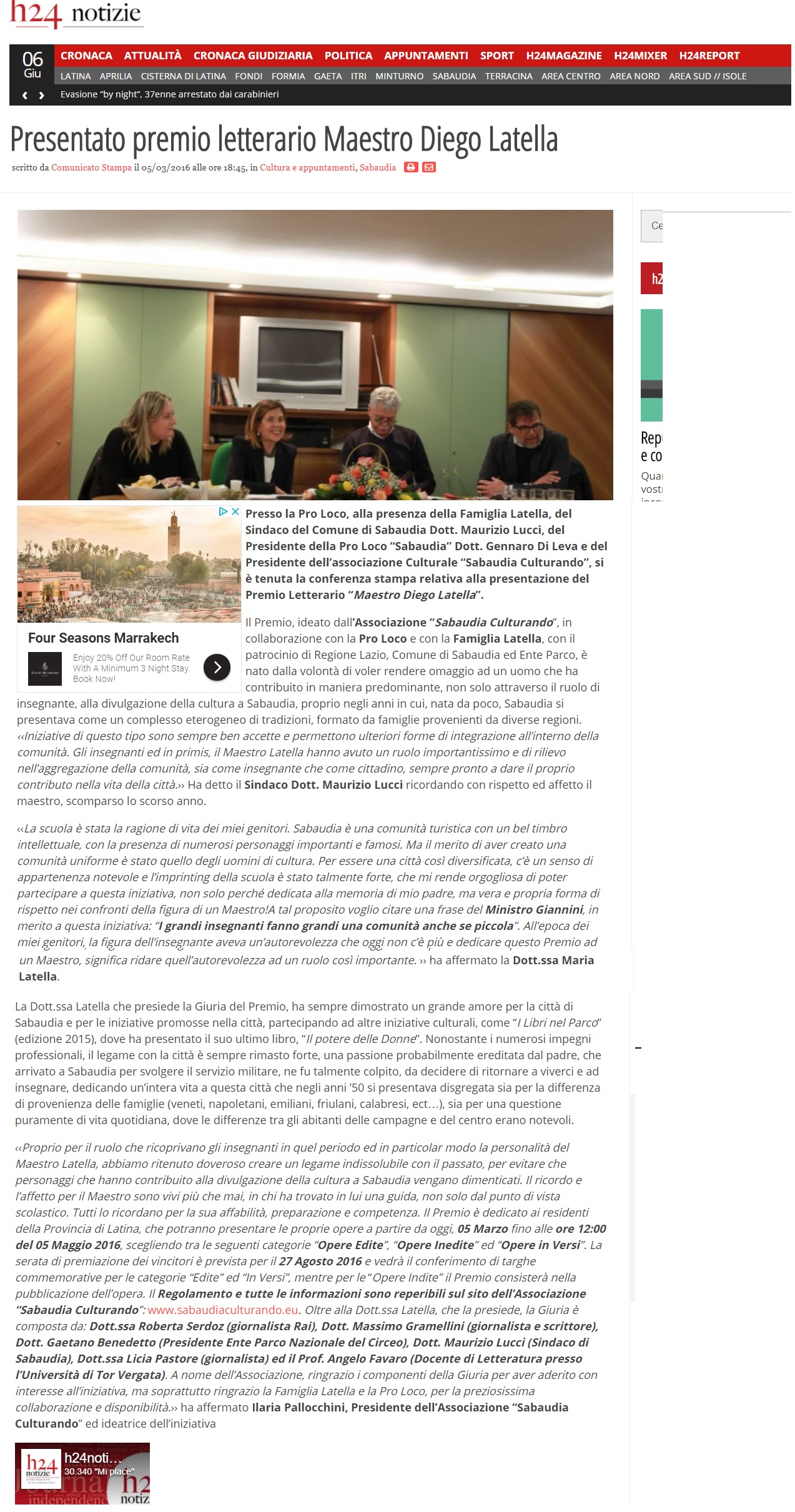 PRESENTATO IL PREMIO LETTERARIO MAESTRO DIEGO LATELLA - H24 NOTIZIE 5 MARZO 2016